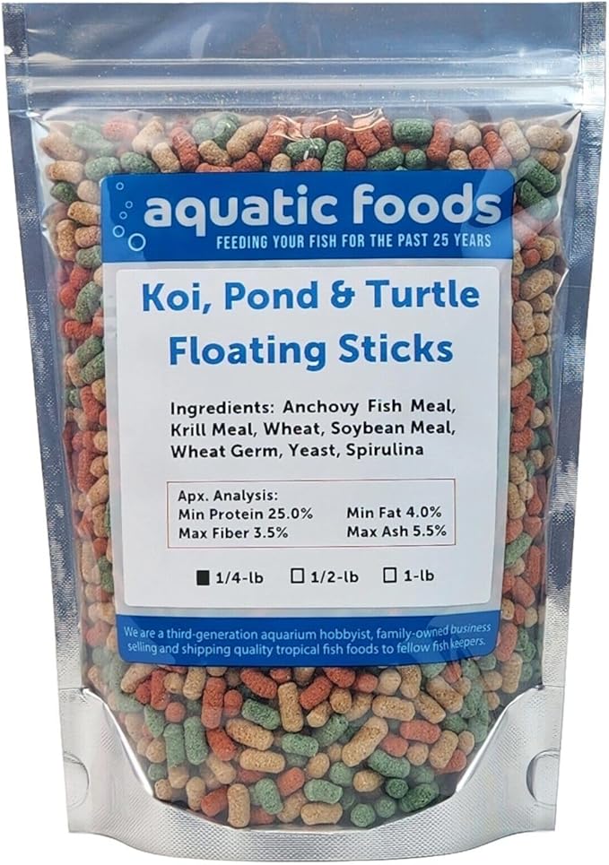 Koi, Pond & Turtle 7/16" x 5/32" 25% Protein Floating Sticks. Spirulina, Color Enhancing & Wheat Germ Sticks for Koi, All Pond Fish, Aquatic Turtles...WL…1/4-lb Foil Pouch Bag
