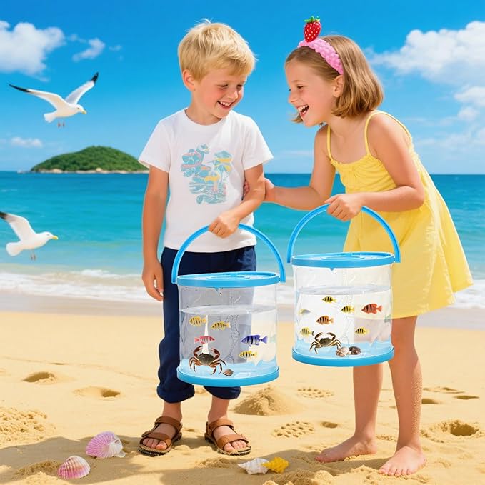 ZAVOOS 2 Pack Foldable Small Aquarium, Plastic Portable Fish Tank with Lid, Clear Fish Transport Container Fishing Bucket for Catch Release, Beach Travel, Lake, Outdoor, Blue