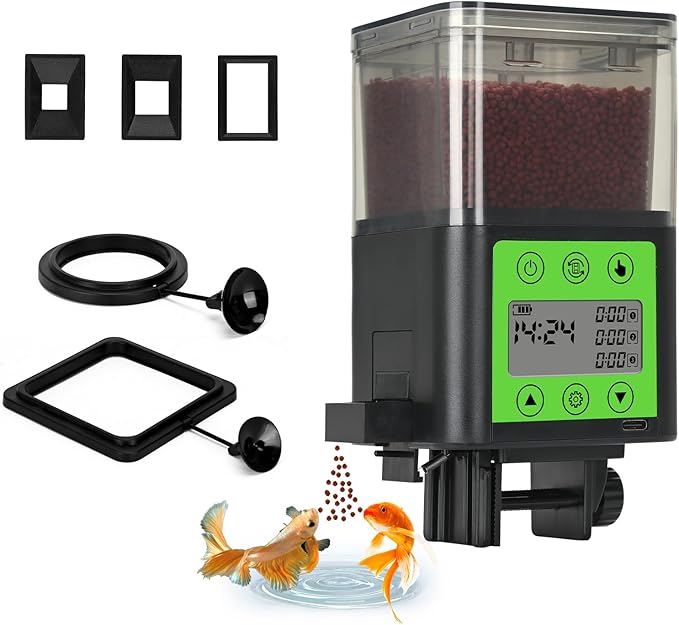 Lychee Automatic Fish Feeder USB Rechargeable 320ML Large Capacity Aquarium Fish Food Dispenser with Two Feeding Ring, Moisture-Proof-Aquarium Electric Timer Feeder for Vacation Business Trips