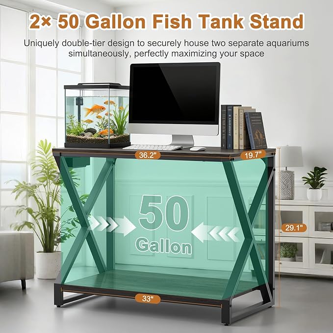 fishkeeper Heavy Duty Metal 50 Gallon Aquarium Stand with Charging Station, 2-Tier Storage Shelves with USB Ports and Outlets, 720LBS High Load Capacity Fish Tank Stand for Reptile/Turtle/Breeder Tank Stand