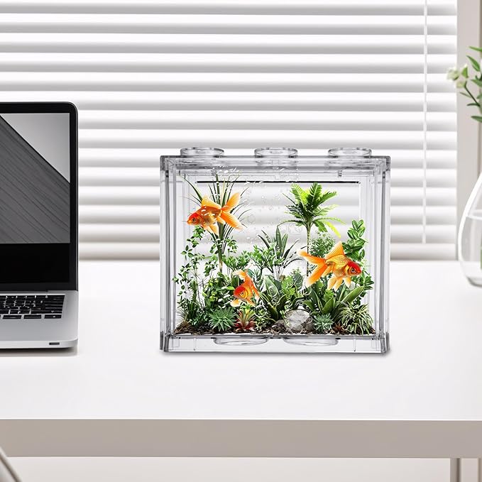 4PCS Plastic Small Betta Fish Tank, 0.6 Gallon Stackable Fish Bowl, Cube Fish Aquarium Tank for Shrimp, Turtle, Small Crab (Clear)