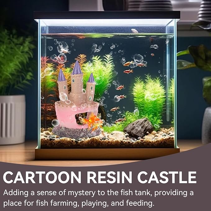 HERCHR Castle Aquarium Decoration, Fish Tanks Ornament Resin Castle Cave Hideouts House Plants Supplies Accessories Safe for Freshwater and Saltwater Fish Tanks(Pink)