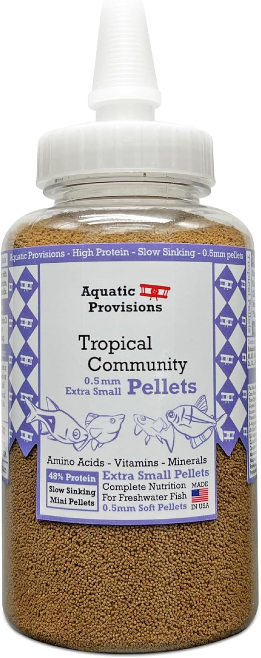Aquatic Provisions Extra Small Fish Food Pellets 4.23 oz, Sinking 0.5mm Size, High Protein, for Tropical Community Aquariums