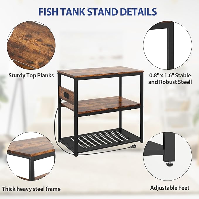 Livofloral 20-29 Gallon Fish Tank Stand With Power Outlets, 3-Tier Metal Aquarium Stands, Breeder Reptile Tank Stand with Shelf for Home Office, 660LBS Capacity, 29.5 x 15.8 x 30.1 inches, Brown
