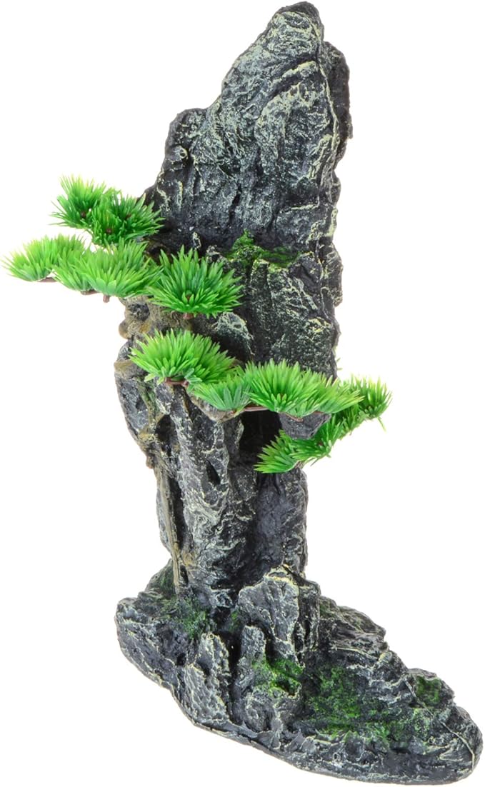 Tall Aquarium Decor Mountain View with Tree & Cave 13.8inch, Large Fish Tank Decoration, Artificial Resin Rock Mountain Betta Fish Tank Ornament for Goldfish Cichlid Shrimp Hiding Playing