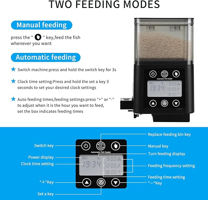 Podazz Automatic Fish Feeder for Aquarium with Timer, LCD Display 320ML Large Capacity Adjustable Fish Dispenser, Operated Feeders for Goldfish, Turtle for Vacation, Weekend or Daily Use(Black)