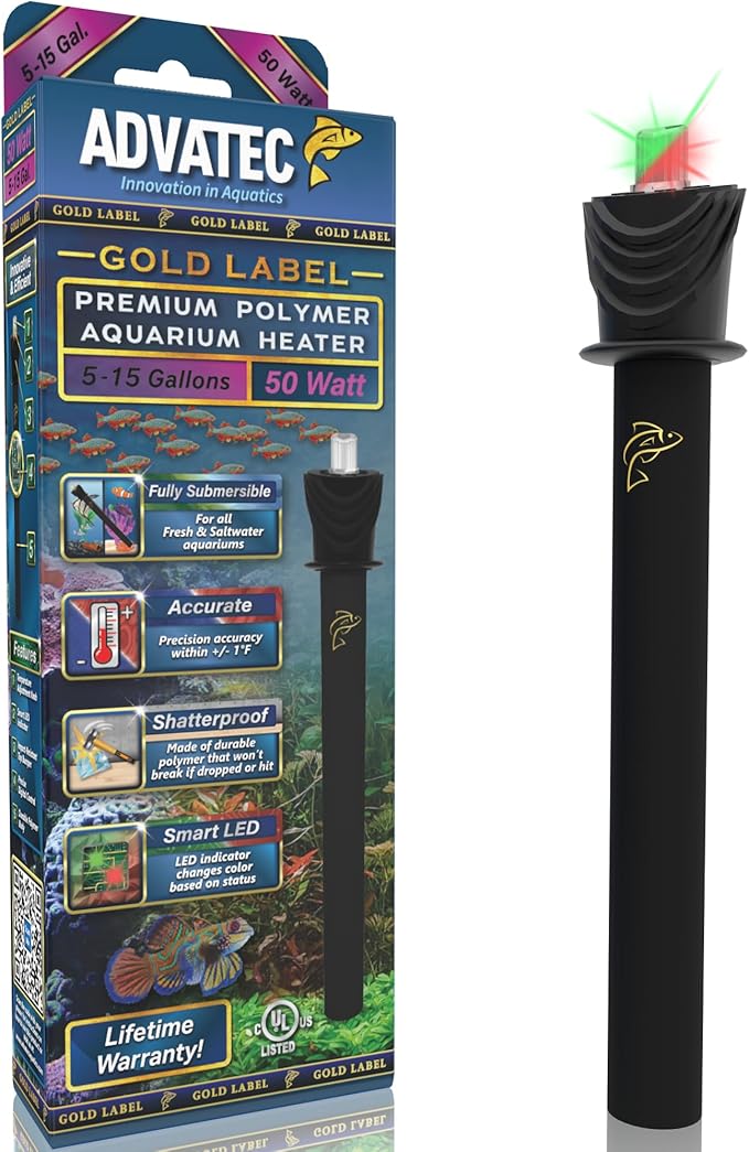 Premium Polymer Aquarium Heater with Advanced LED Temperature Control System - for Fresh & Saltwater Aquariums (50 Watts / 5-15 Gallons)