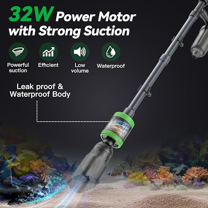 32W Electric Aquarium Vacuum Gravel Cleaner - Strong Suction, Automatic Water Change, Algae Remover, Sand Wash, Water Shower, Water Circulation & Timed Off (32W)