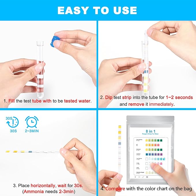 DaToo 8 in 1 Aquarium Test Kit Fish Tank Test Strips Accurate Water Quality Testing Strips for Ammonia PH Total Alkalinity Carbonate Hardness Free Chlorine Nitrate Nitrite Temperature (100 Strips)