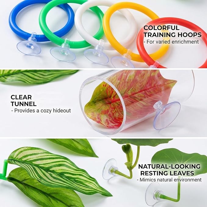 Betta Fish Toys, 13 Piece Betta Toys Set with Five Resting Leaves and Three Floating Balls, Colorful Hoops in Blue Green Yellow White Red, Enrichment Activities for Betta Fish