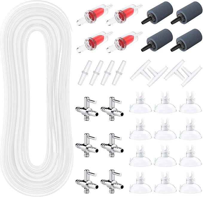 Pawfly Aquarium Tubing, 50 Feet Fish Tank Airline Tubing, Aquarium Air Pump Accessories Kit with Air Stones, Check Valves, Suction Cups, Air Control Valves and Connectors