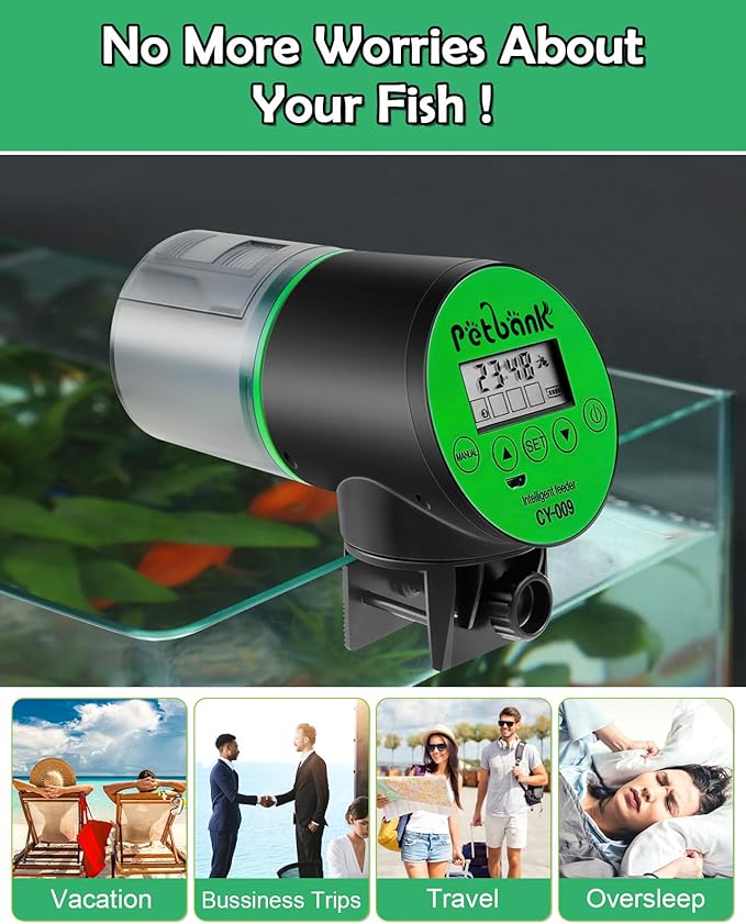 Automatic Fish Feeder for Aquariums - Rechargeable Auto Fish Food Dispenser Timer Feeder with USB Charger Cable，LCD Screen, Customized Schedule