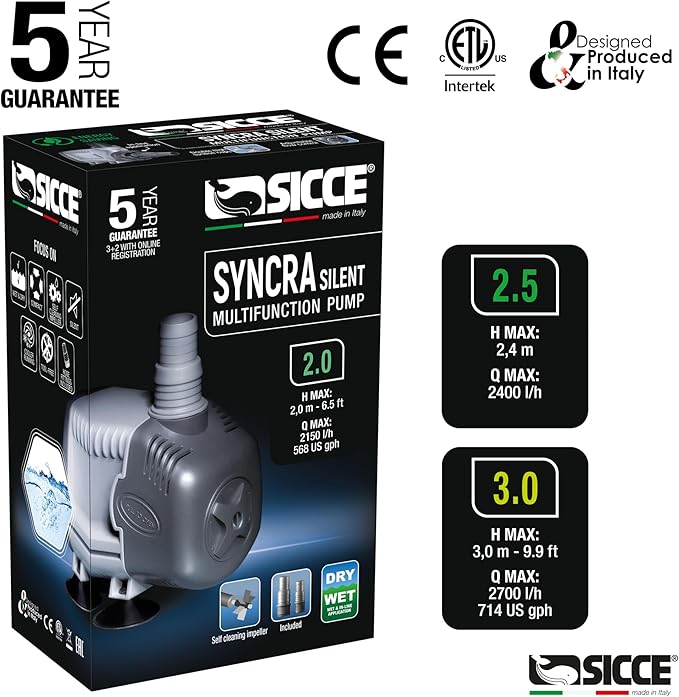 SICCE Syncra Silent 3.0 Multifunction 714 GPH Submersible Water Pump | Italian Made 48W Ultra Quiet Durable Aquarium Fish Tank, Fountain, Pond, Hydroponics, Terrarium Black | Freshwater & Saltwater