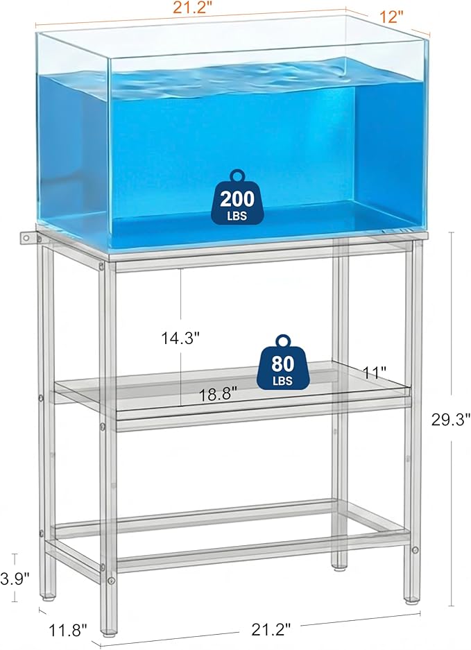 5-10 Gallon Fish Tank Stand, Aquarium Stand with 2-Tier Storage Shelves, Heavy-Duty Reptile Terrarium Stand Table with One-Piece Top for 10 Gallon Standard Model, 21.2" L x 11.8" W x 29.3" H (Brown)