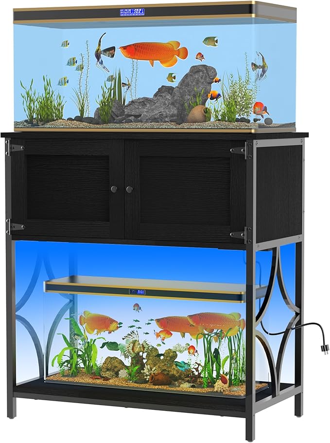 20-29 Gallon Aquarium Stand with Power Outlets & LED Light, 330LBS Capacity, Metal Frame Fish Tank Stand with Cabinet Accessories Storage for Reptile Tank, 30.7" L*15.7" W Tabletop, Black