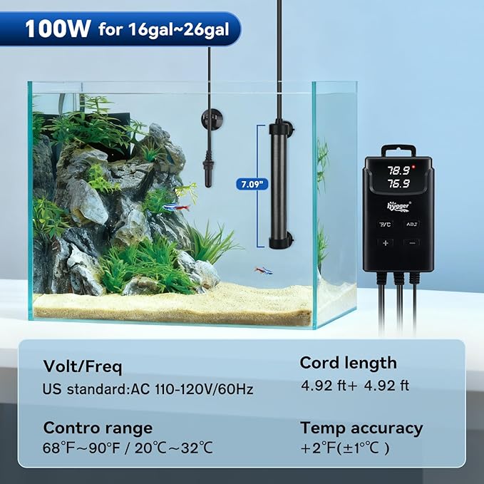 hygger Aquarium Heater,Submersible Fish Tank Heater with External Digital Display, Including Overheat & Leakage Protection and Temperature Sensor for Freshwater and Saltwater (100W for 16gal~26gal)