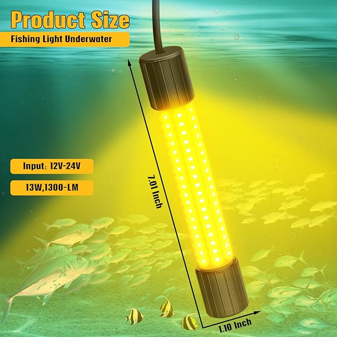 Underwater Fishing Warm Light Compatible with DeWalt 20V Battery,1300 Lumens, LED Light for IP68 Waterproof Submersible Fish Attracting, Night Fishing for Docks Boats or Kayaks(no Battery)