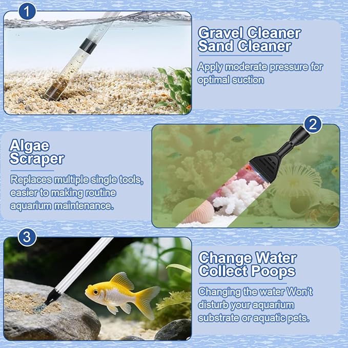 Fish Tank Cleaner Kit with Digital Thermometer, Gravel Vacuum for Aquarium, Aquarium Vacuum & Siphon, Fish Tank Cleaning Kit, Safe for Shrimp & Small Fish