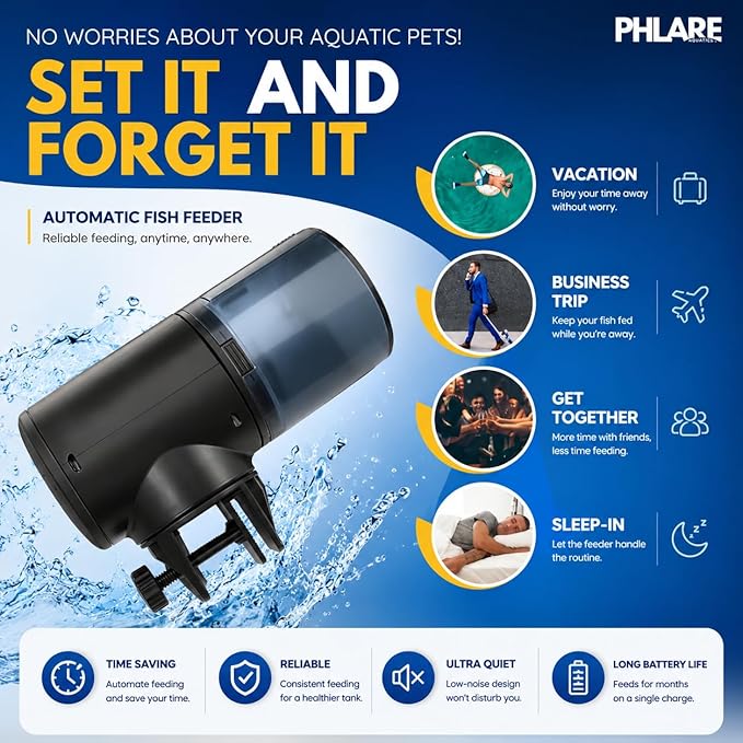 Automatic Fish Feeder – Rechargeable USB-C Timer Feeder for Aquariums & Fish Tanks | Vacation & Weekend Feeding | Flakes Pellets & Granules | 200ml Capacity | Freshwater & Saltwater