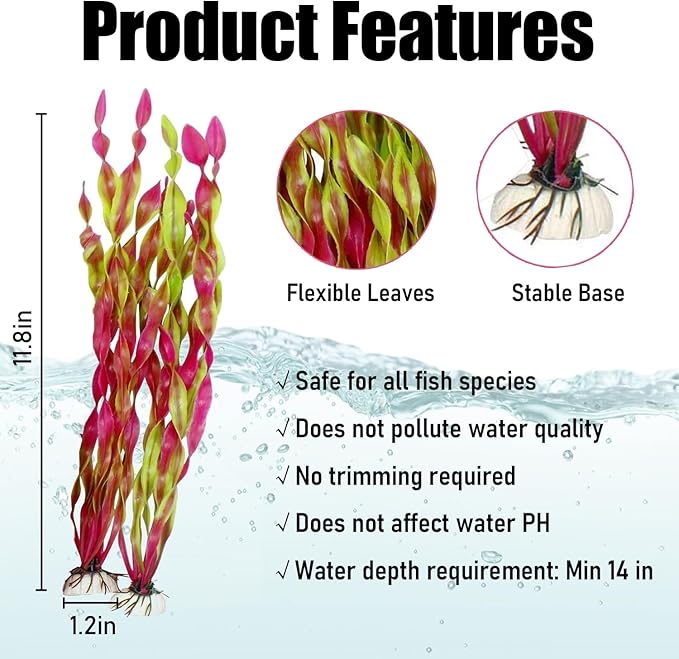 Artificial Aquarium Plants, Green Plastic Fish Tank Decorations, 12 Inch Tall Water Plants with Stable Base, 10 Pack, Safe for Fish (Pink)