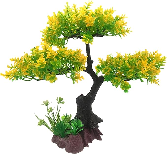 Aquarium Artificial Plants Decor, Cherry Blossom Tree with Grass Set, Pink Plastic, 9.44x3.54x2.75 Inches, for Nature Underwater Landscape (Light Green)