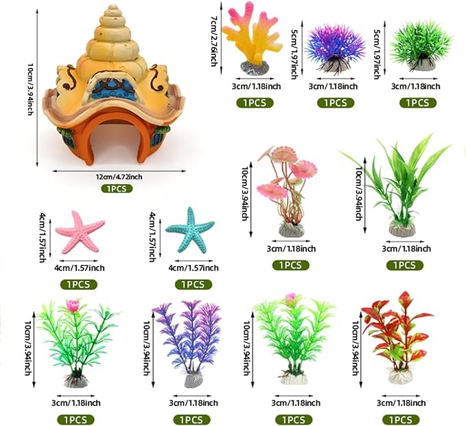 Fish Tank Decorations kit, Aquarium Decor Sea Shell House x 1pc, Fish Tank Accessories Aquatic Plants x 8pcs, Starfish x 2pcs, Coral x 1pcs.