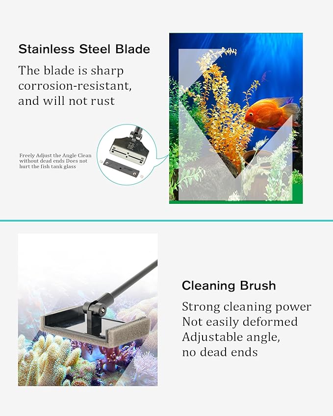 Stainless Steel Algae Scraper Aquarium Cleaning Tool for Glass Aquariums, Including Algae Scraper, Sponge Pad, Fish Net, Cleaning Brush, Adjustable Length, Durable, Does Not Hurt The Fish Tank