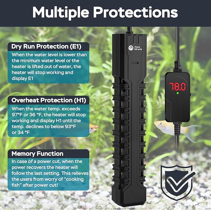 AquaMiracle Aquarium Heater, 500W Submersible Fish Tank Heater with LED Digital Display, Overheat Protection & Auto Power-Off When Out of Water, for Freshwater and Saltwater Fish Tanks (75-150 Gal)