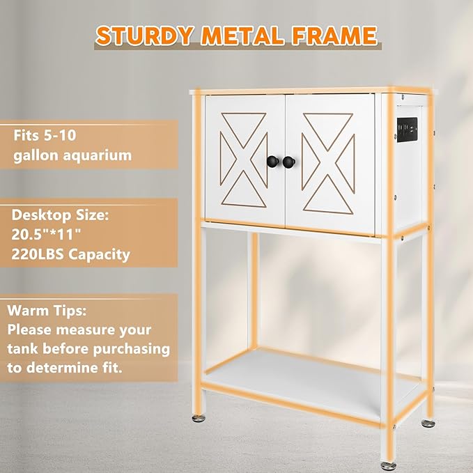 BEURUKU 5-10 Gallon Fish Tank Stand, Heavy Duty Aquarium Stand with Cabinet & Power Outlets for Fish Tank Accessories Storage, Double Reptile Terrarium Stand 20.5" L* 11" W Tabletop, White