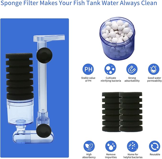 UPETTOOLS 10-40 Gla Aquarium Sponge Filter Ultra Quiet Aquarium Air Pump Small Sponge Fish Tank Filter Comes with 2 Sponges 2of Bio Ceramic Media Balls