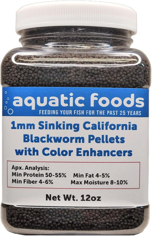 1mm Sinking Blackworm Pellets with Color Enhancers & Vitamins for Shrimp, Snails, Crayfish, Catfish, All Bottom Fish, Small Discus, Cichlids, Community Fish, Tropical and Pond Fish…12oz Small Jar