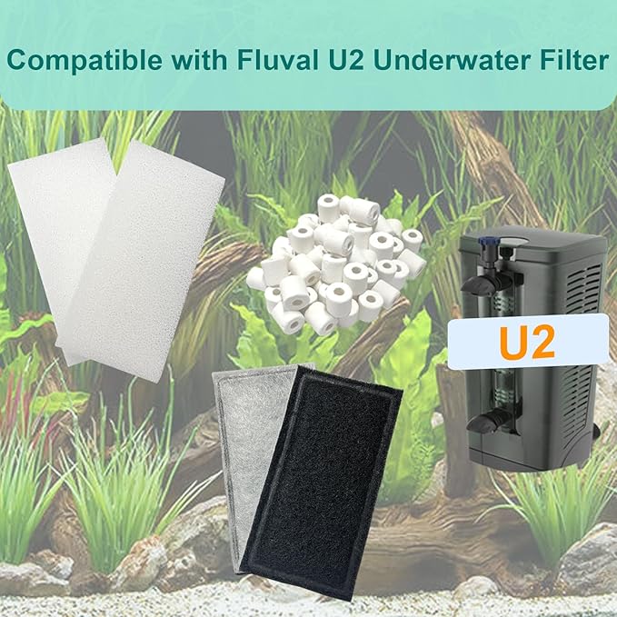 9 Pack Aquarium Filter Media Kit Compatible with Fluval U2 Underwater Filter, Freshwater and Saltwater Aquarium Filter, Includes 4 Foam Pads, 4 Poly Carbon Cartridges and 1 Ceramic Ring