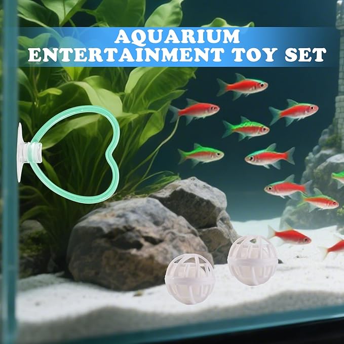 Betta Fish Toys, 2 PCS Heart Fish Exercise Ring and Nitrifying Balls Set, Heart Betta Mirror Toy Set, Feeding Ring with Suction Cup, Fishing Tank Accessories for Gifts (Green)
