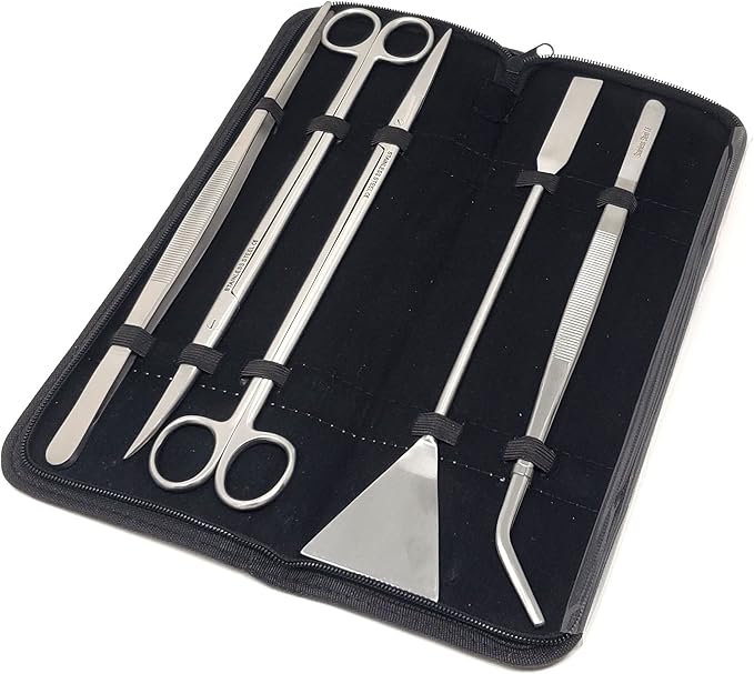 A2Z-Aquascaping Maintenance Tools Accessories,Anti-Rust Stainless Steel Tweezers Scissors Spatula for Aquarium Tank Clean, Fish Tank, Bonsai, Algae Scrapers (Set of 5 Pcs in A Case)