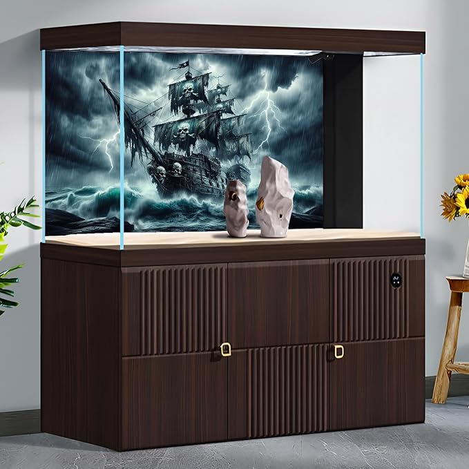 Haunted Black Pearl Pirate Ship Aquarium Background Huge Horrible Waves Lighting Ripped Sales Stormy Sea Ocean Fish Tank Background Broken Ship Skull Sail Terrarium Backgrounds for Tank Decors 24x16in