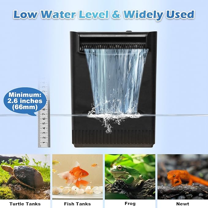 290GPH Turtle Tank Filter for 20-85 Gallon, Turtle Filter Low Water Level Available and Flow Adjustable, Turtle Water Filter for Shrimps Amphibians Turtle Tank Saltwater Freshwater Crystal Clear