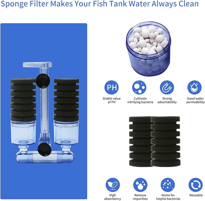 UPETTOOLS Aquarium Biochemical Sponge Filter (15-55 Gallon) - Ultra-Quiet Air Pump, Double Head, Bio Foam & Ceramic Media, Ideal for Saltwater/Freshwater Tanks