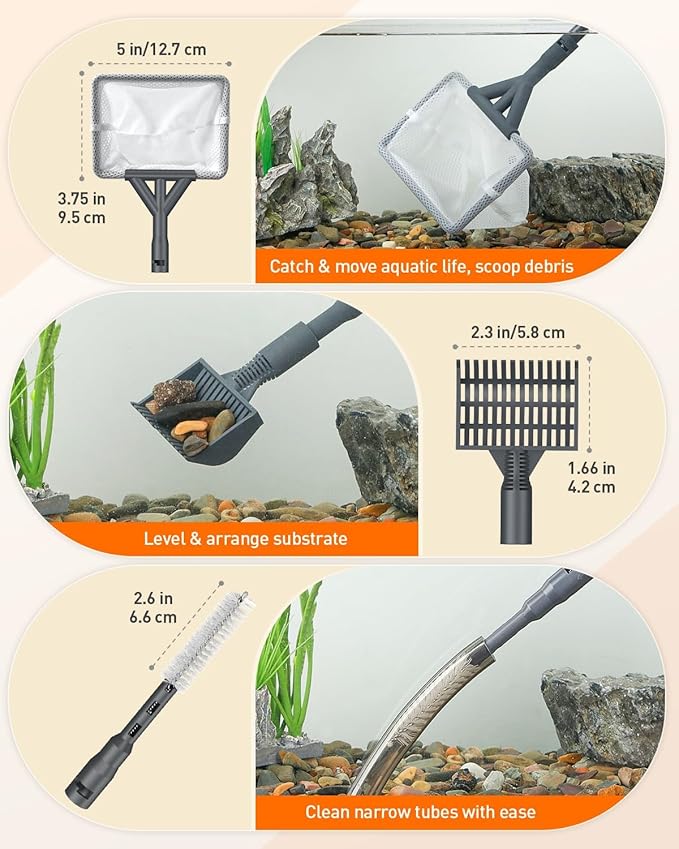 Pawfly Aquarium Cleaning Tools, 7 in 1 Fish Tank Cleaning Kit, Algae Scraper, Sponge Scrubber Pad, Brush, Gravel Rake & Fish Net with Adjustable Long Handle, Tank Cleaner Set