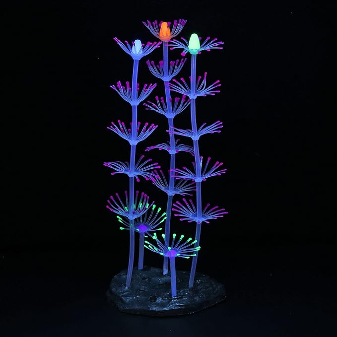 Glowing Fish Tank Decorations, 4 pcs Glow Aquarium Decor Set, Multicolor Underwater Themed Plants (Pink Coral, Green Anemone, Purple Feather Coral, Pink Kelp)