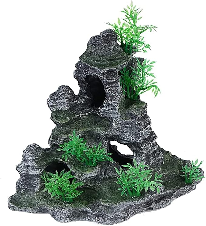 AnRui Aquarium Mountain View Rock Landscaping Decorations Fish Tank Resin Rock Hiding Cave Ornaments with Small Plant