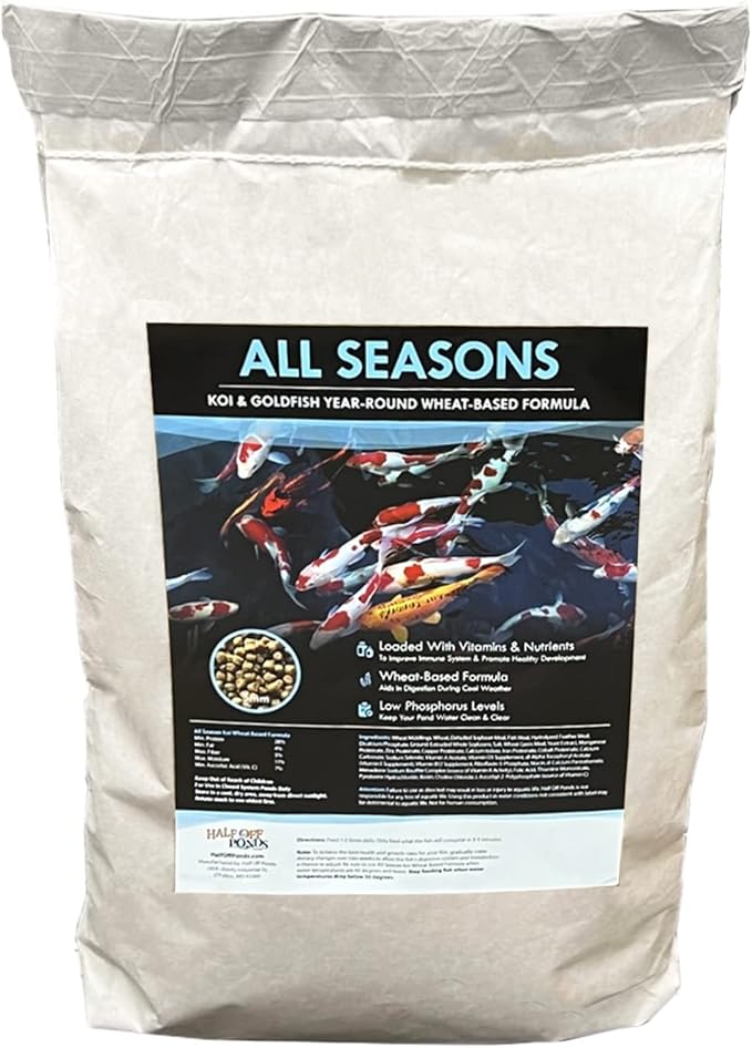 HALF OFF PONDS All Seasons Koi Fish Food - 10 lb Floating Pellets, 5mm Size - Goldfish Food for Ponds - 28% Protein with Wheat Germ & Vitamins - Ideal for Year-Round Feeding & Water Clarity