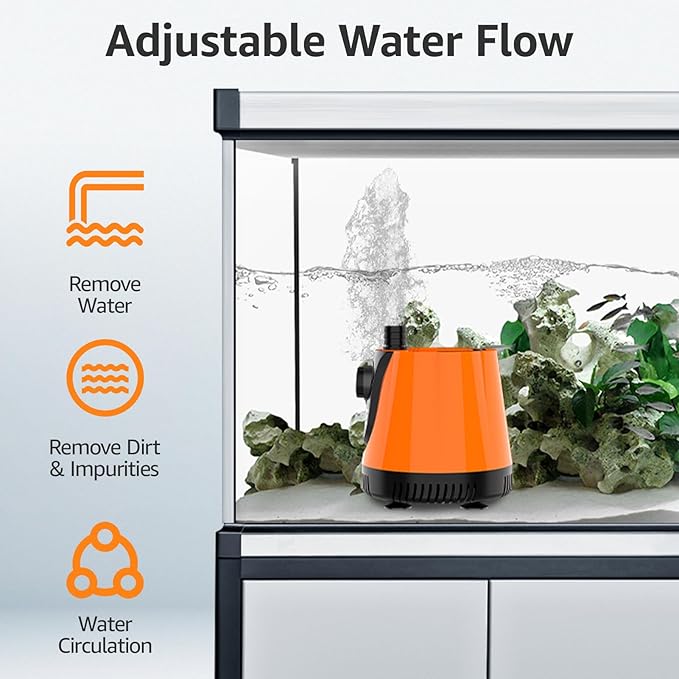 AQUE 360° All-round Water Intake Submersible Pump. It is suitable for fish tanks, ponds, aquariums and hydroponic systems. It comes with a 6-foot power cord and 4 nozzles. (100W)