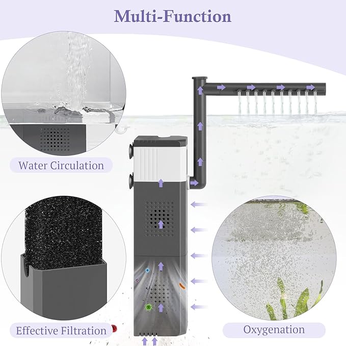 15W 210GPH Ultra Powerful Aquarium Filter for 25-55Gallon Fish Tank, Adjustable Filter with Filter Sponges, Submersible Fish/Turtle Water Filters, Filtration/Oxygenation/Water Cycle 3in1 Filter