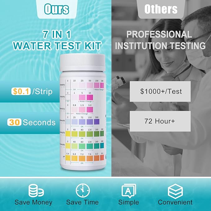 Umlecoa 7 in 1 Aquarium Test Kit for Freshwater and Saltwater - 125 Aquarium Test Strips with Test Tube & Thermometer - Fast & Accurate Water Testing Strips for Aquarium/Pond/Pool