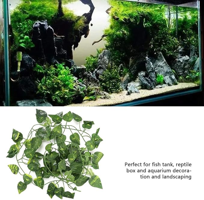 Zerodis Vine, 6.89ft Artificial Fake Vine Hanging Plant Decor Terrarium Plants Rainforest Landscape for Reptiles and Amphibians(Scindapsus Leaves)