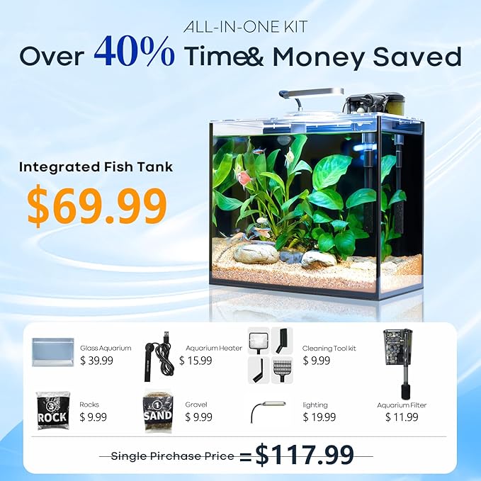 3 Gallon Small Fish Tank Glass Aquarium Set, Starter Kit with Heater Water Pump Cleaning Filter Bright Light Rocks Gravel Cleaning Tool, Leak-Proof Clear Rimless Desktop Spaces Saving Betta Fish
