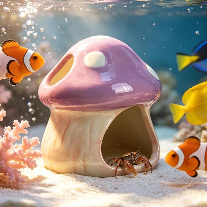 Ceramics Mushroom House Aquarium Decor – Axolotl & Betta Hiding Cave with Breeding Spot for Betta Fish, Shrimp, Small Fish & Goldfish Tank Ornament - Purple