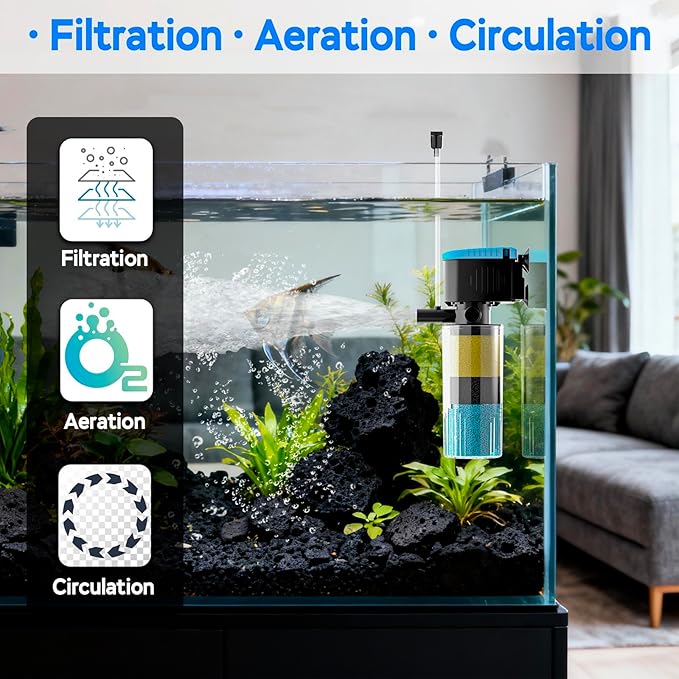 AquaMiracle 130GPH Internal Aquarium Filter, 3-Stage Fish Tank Filter with Dual Outlets & Aeration, Submersible Turtle Filter for 10-30 Gallon Tanks