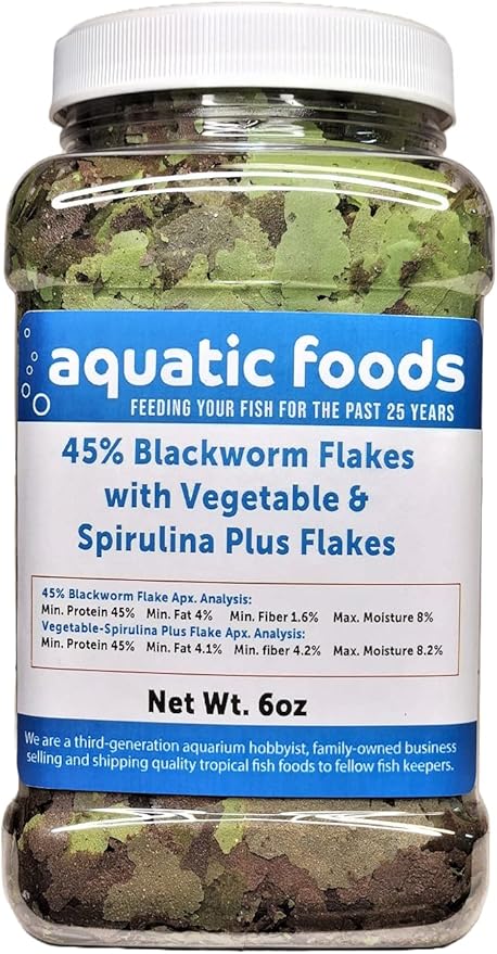 45% Blackworm & Vegetable-Spirulina Flake Mix for Cichlids, Discus, for All Community Tropical Fish. Aquatic Foods Flakes …6oz Med Jar