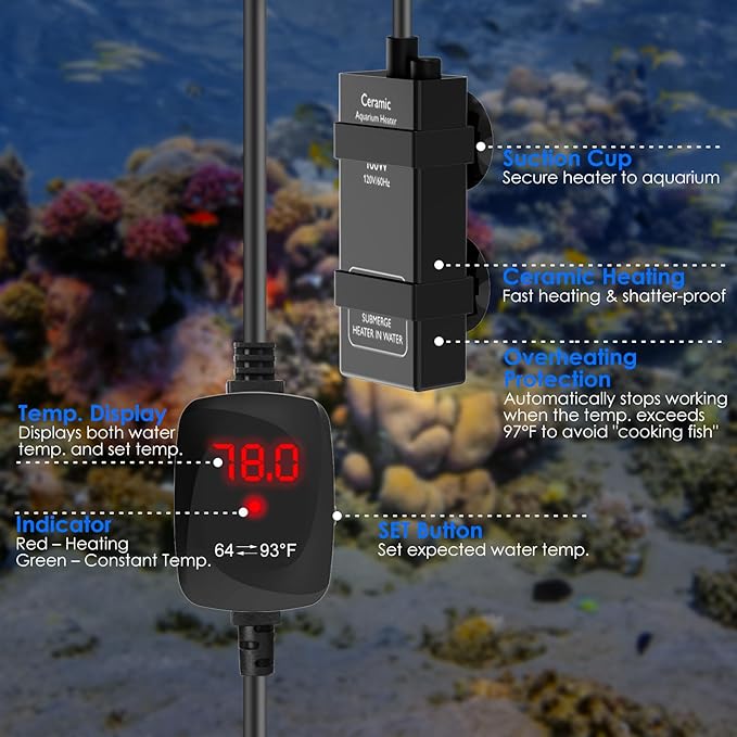 Aquarium Heater 100W Super Small Fish Tank Heater with Digital Display Thermostat, Alumina Ceramic Betta Tank Heater Turtle Heater for 10-20 Gallon Tanks